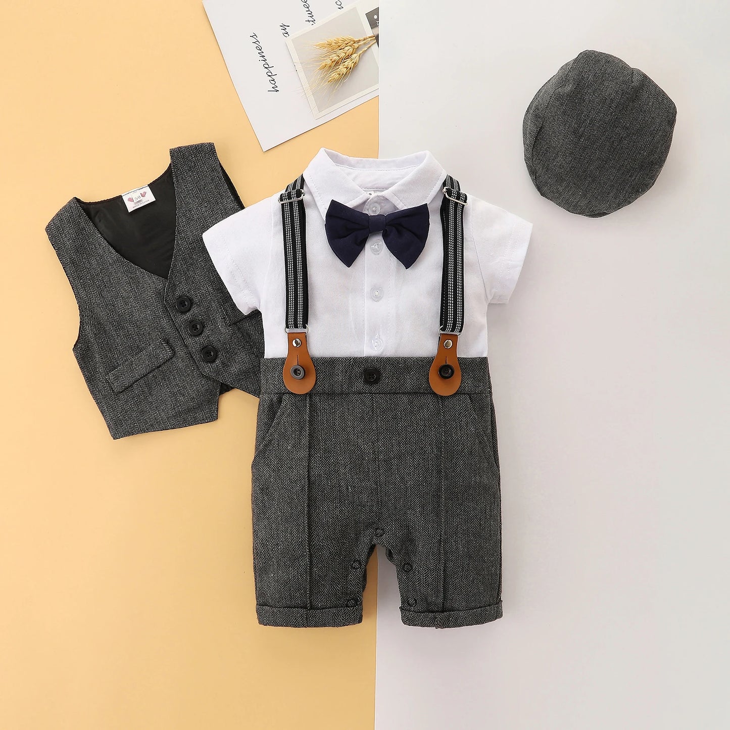 0-24M Baby Boys Gentleman Clothes Set - 3pcs Short Sleeve Patchwork Bow Romper ,Vest Coat and Hat