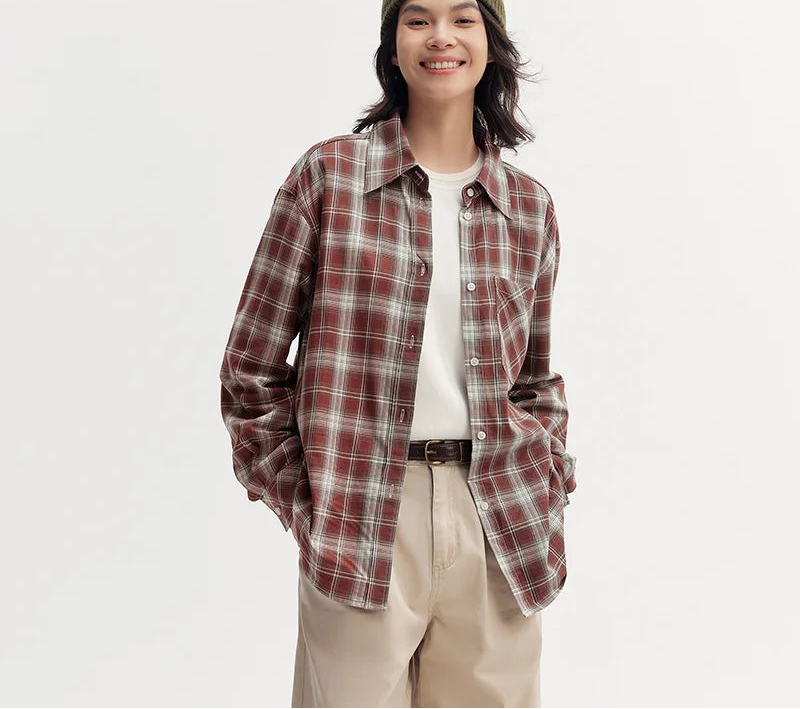 Oversized Drop Shoulder Plaid Shirt Loose Retro Casual Stylish Top