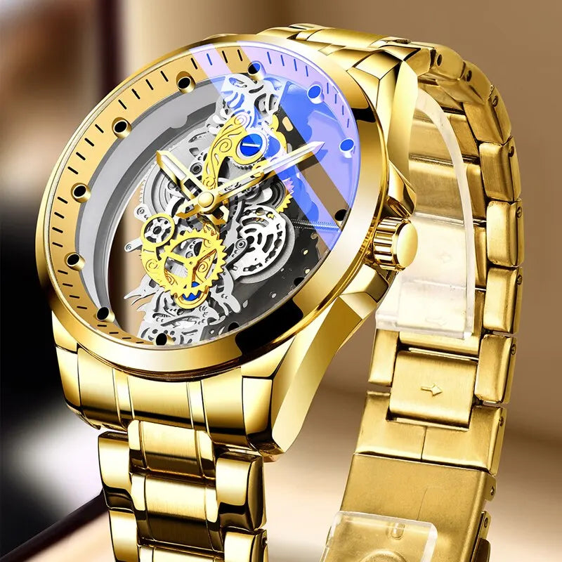 Gold Luxury Watch Men Hollow Creative Leather Man Wristwatch Waterproof Sliver Business Stainless Steel Bracelet Erkek Kol Saati