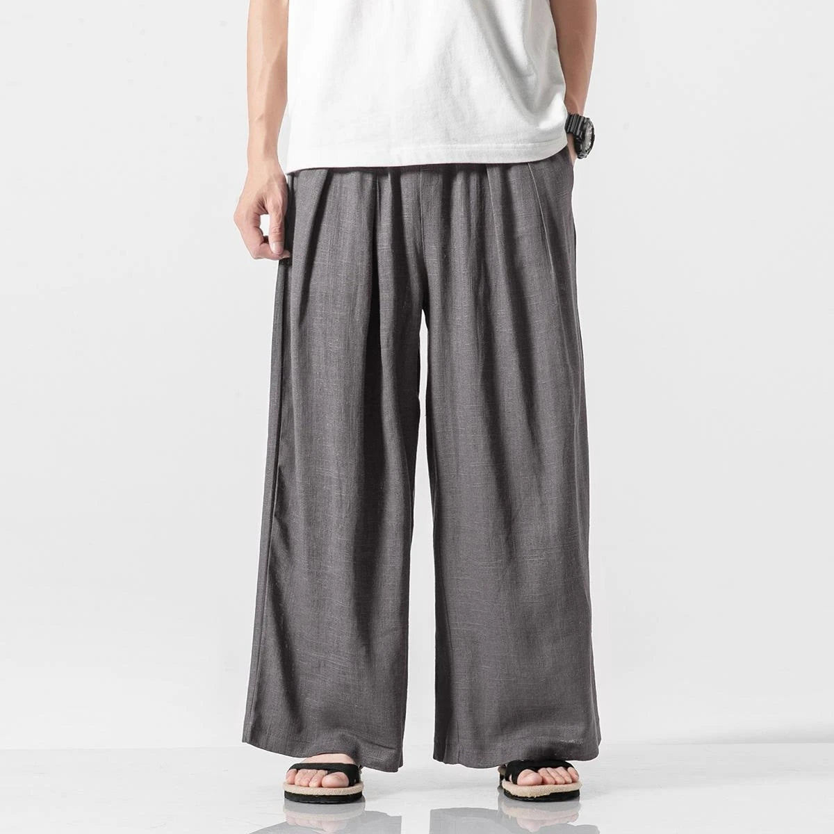 Men's Summer Cotton Linen Casual Chinese Style Loose Harem Straight Lightweight Wide Leg Trousers