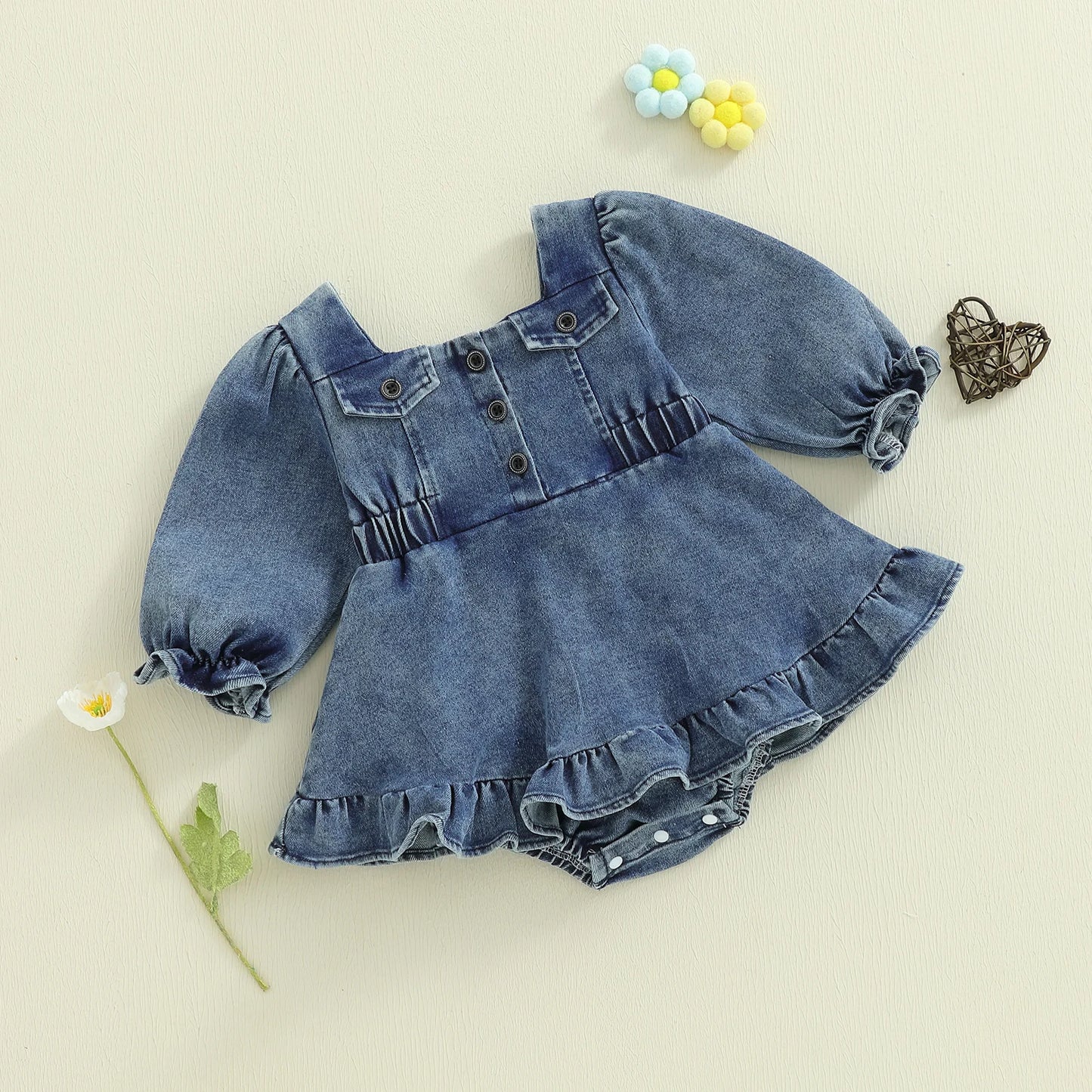 Baby Girls Denim Romper Dress - Square Neck Lantern Long Sleeve Bodysuit (0-24M)