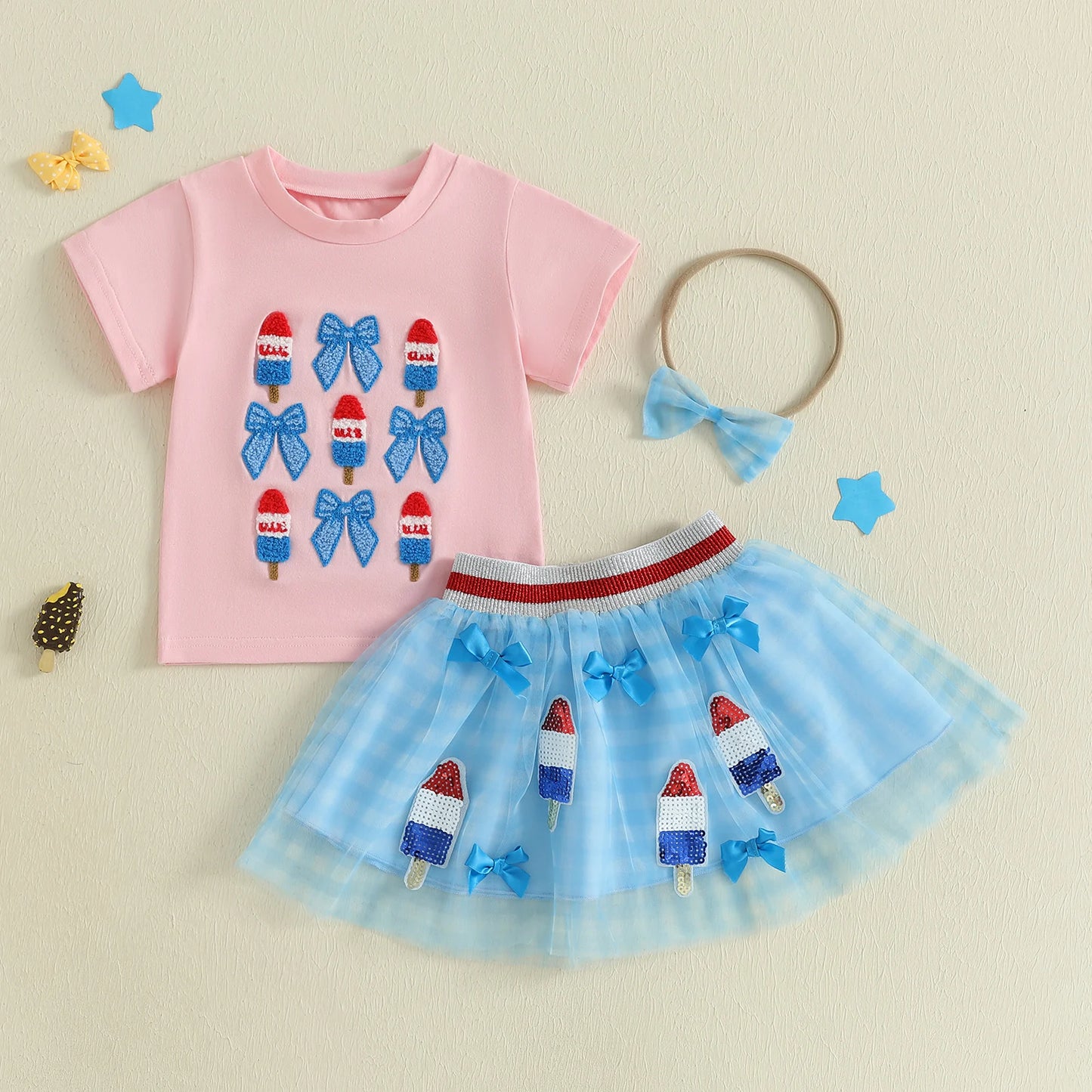 0-6Y Kids Girls American Flag Clothes Sets Bow Embroidery Short Sleeve T Shirt Mesh Lace Skirt Headband