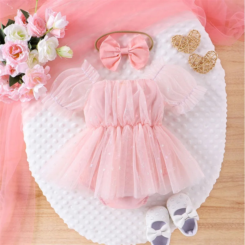 0-24M Princess Baby Girls Summer Romper Dress Short Sleeve Star Print Bowknot Tulle Patchwork Jumpsuits with Headband