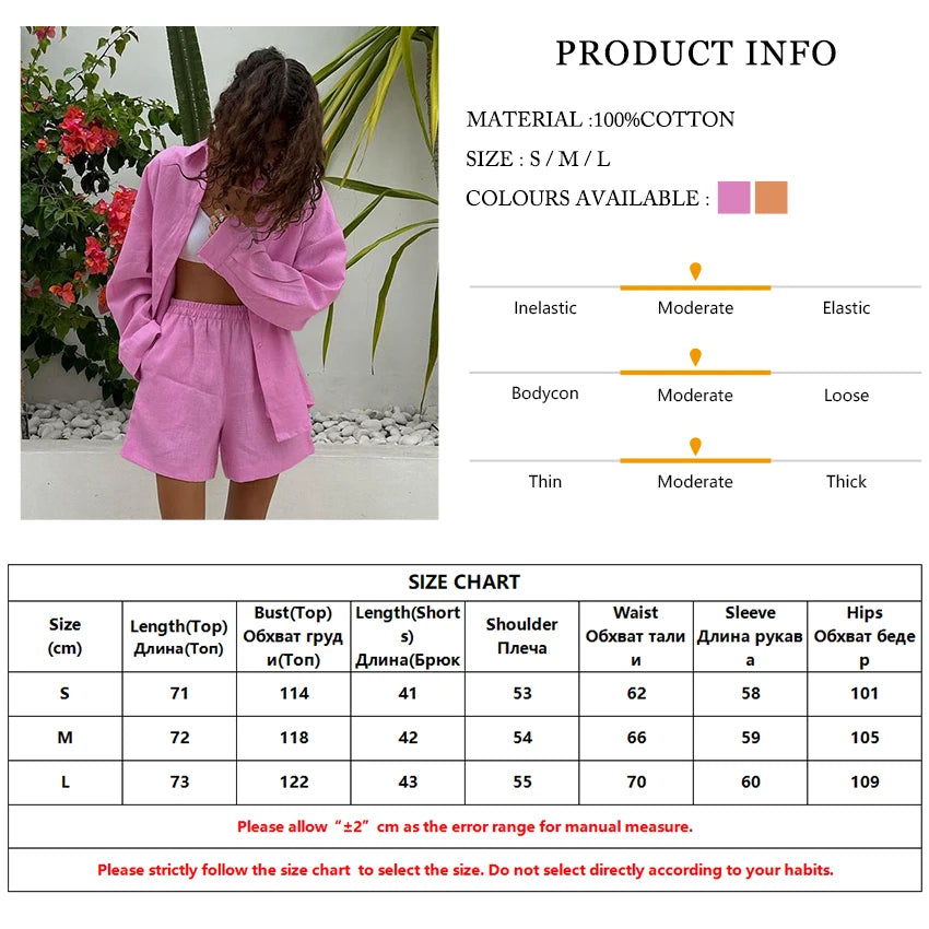 Women's Loose Orange Cotton 2 Piece Set Long Sleeve Shirt With High Waist Shorts Set