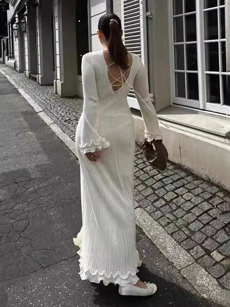 Women's Long Sleeve Slim Maxi Backless Elegant Long Dress