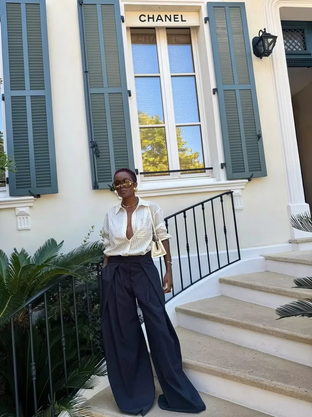 Vintage Striped Pleated Wide Leg Pants - High Waist Office Casual Trousers