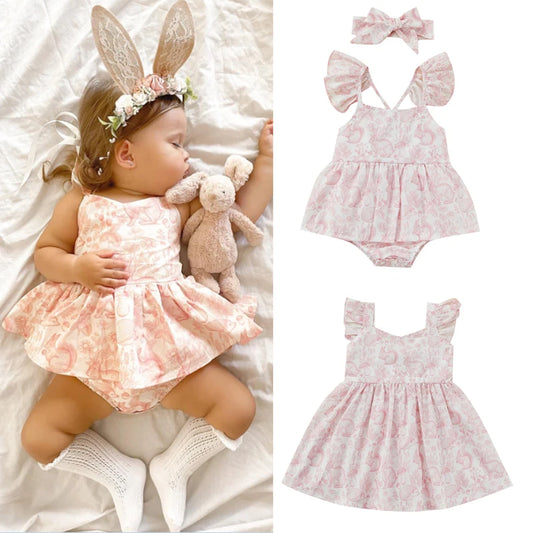 0-5Y Baby Girl Romper/Dress Clothing Cartoon Rabbit Print Ruffle Fly Sleeve Cute A-Line Sundress  Romper Headband