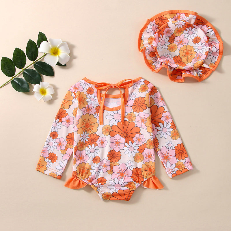 1-5Y Kids Girls Swimsuit 2pcs Floral Print Tie-Up Hollow-Out Long Sleeve Swimsuit with Swim Cap