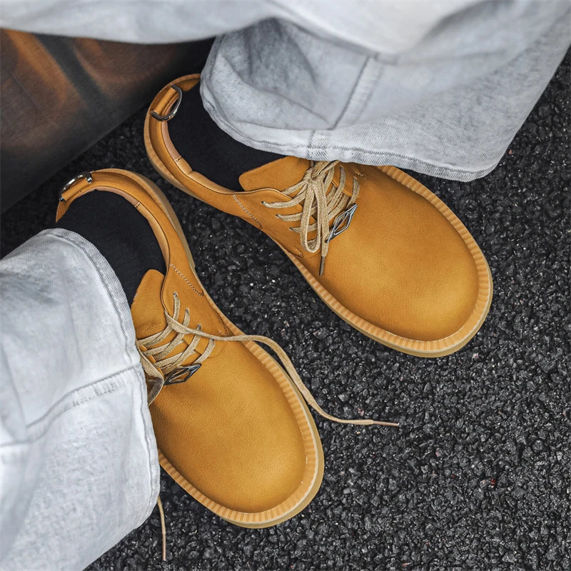 Men's Platform Leather Sneakers - Lace-Up Work Shoes