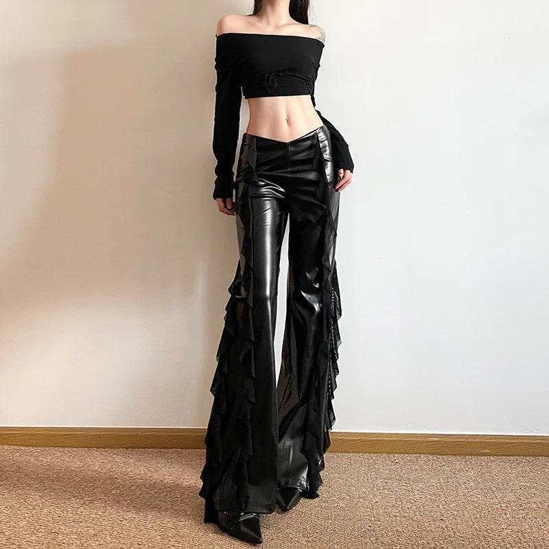 Women's Mesh Splicing PU Flare High Waist Slim Fit Black Long Trousers