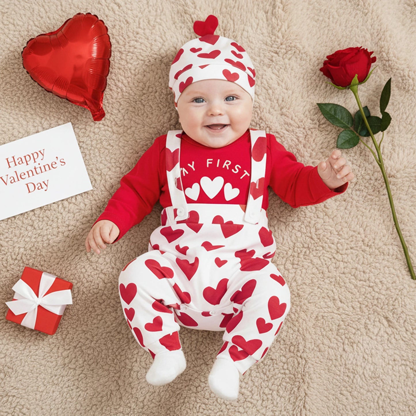 Baby Boys Valentine's Day Outfit Set - Heart Print Romper with Suspender Pants & Hat 0-18M