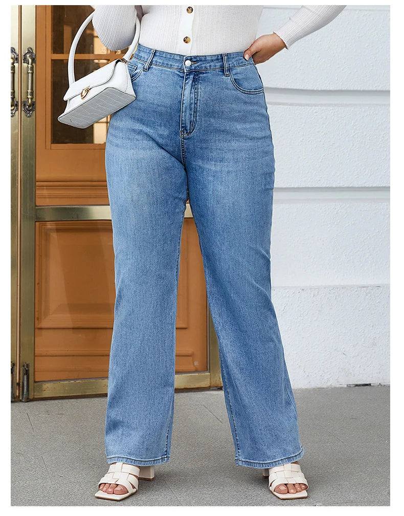 Plus Size Wide Leg Jeans - Women High Waist High Stretchy Straight Denim Jeans