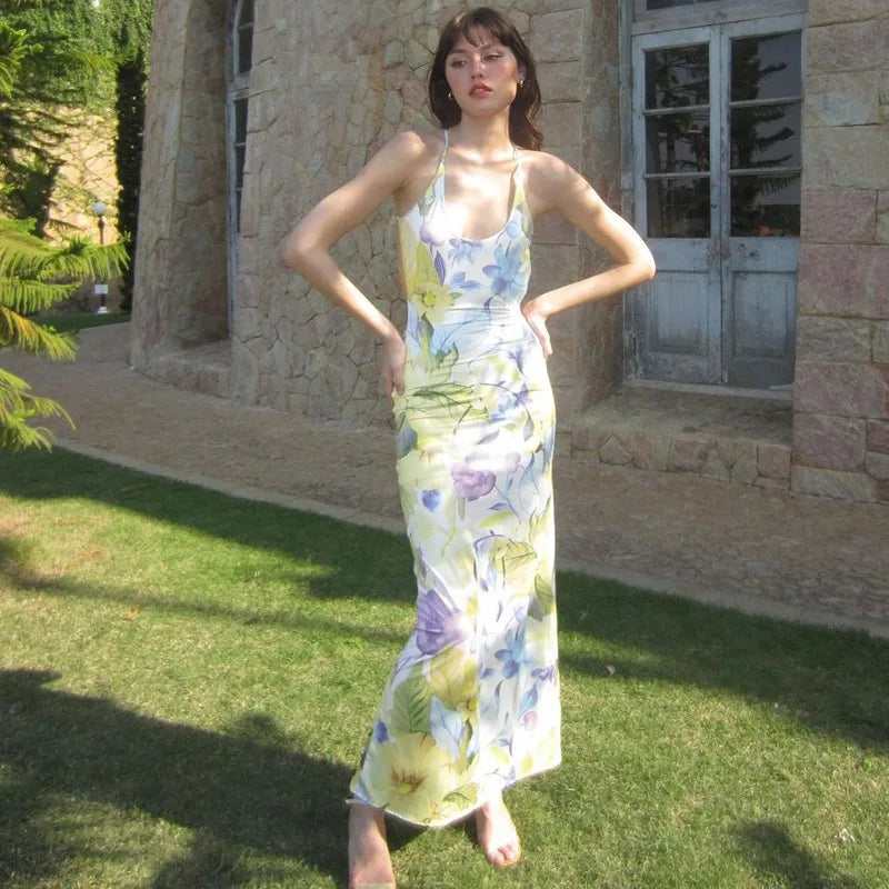 Women's Backless Floral Print Slip Maxi Sleeveless Long Dress Robe Elegant Outfit