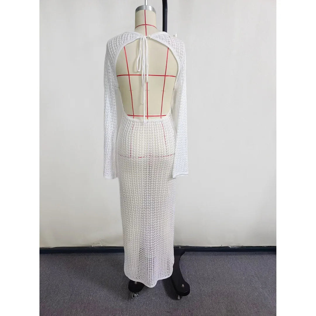 3D Flower V Neck Crochet Knitted Beach Cover Up Tunic