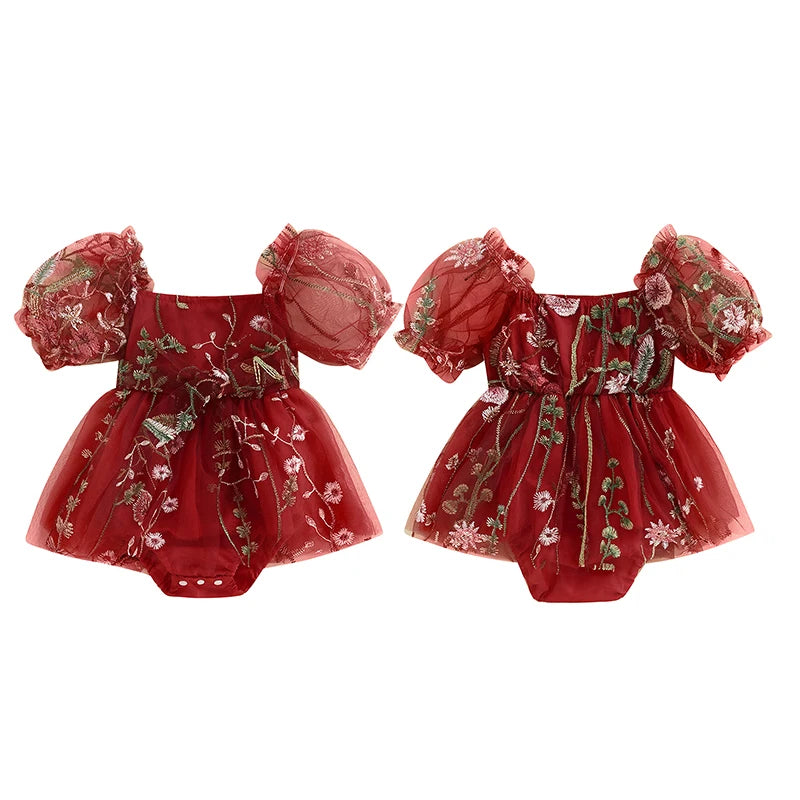 Baby Girls Princess Romper Dress - Flower Embroidery Mesh Skirt Bodysuit