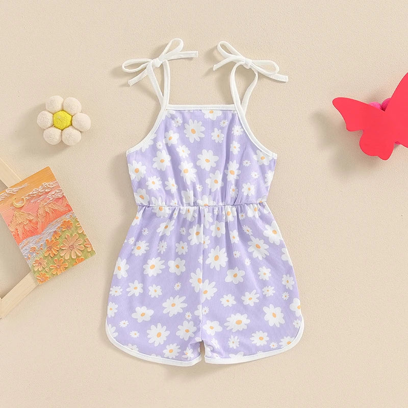 0-5Y  Kids Girls Summer Jumpsuit Shorts 4 Colours Sleeveless Square Neck Floral Print Romper Playsuits