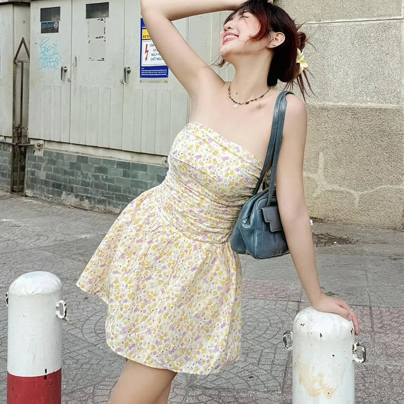 Women's One-Shoulder Slim Strapless Print Dress - High Waisted Sleeveless Backless Ruched Dress