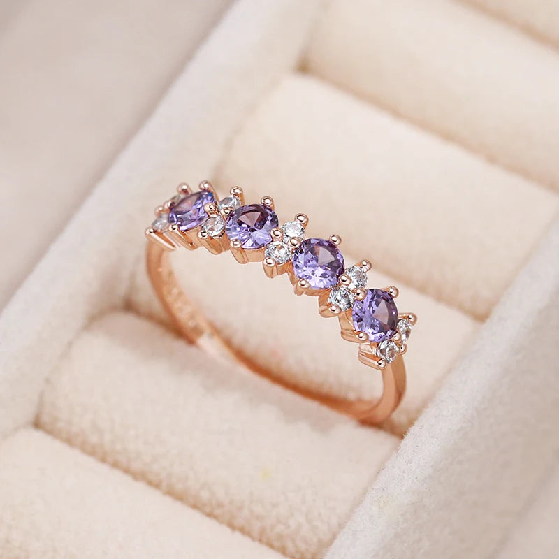 Women 585 Rose Gold Colour Round Matching Wedding Band Sparkling Purple Natural Zircon Ring