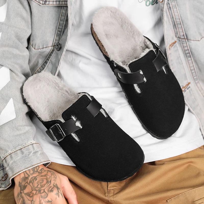 Winter Plush Slippers - Men's Warm Closed Toe Buckle Design Clogs