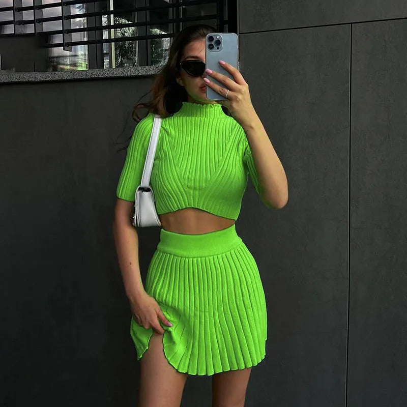 Women's Knitted Dress Sets Pleated Matching Set Outfit Mini Skirts 2 Piece Set