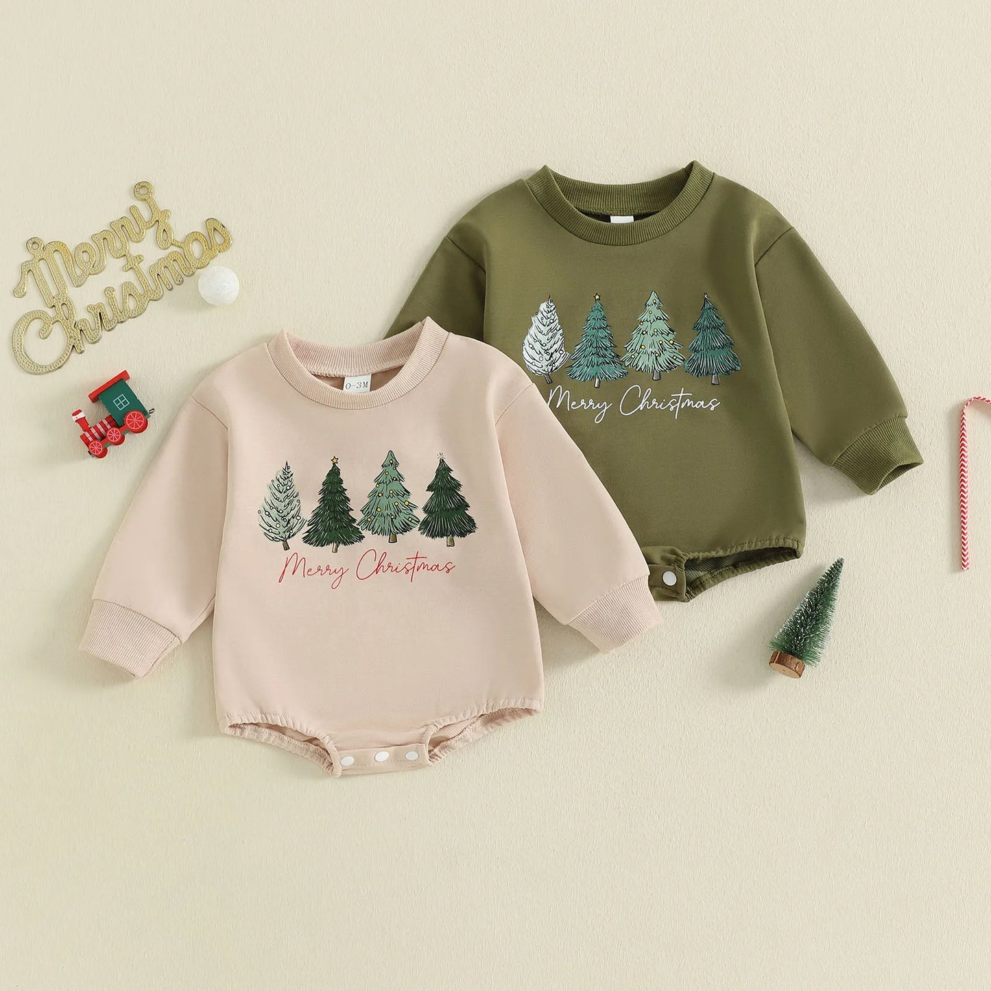 Baby Christmas Romper - Long Sleeve Tree Letter Print Bodysuit (0-18M)