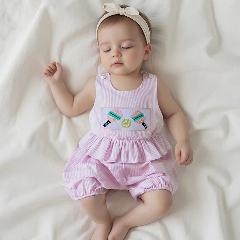 Striped Sleeveless Romper with Cartoon Embroidery - Baby & Toddler