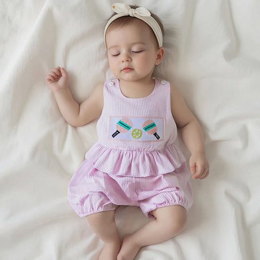 Striped Sleeveless Romper with Cartoon Embroidery - Baby & Toddler