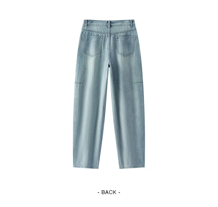 Women's Vintage Cotton Wide Leg Jeans - Curved Hem Retro Style