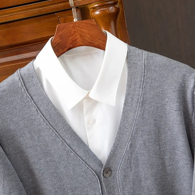 Men's V-Neck Cardigan Sweater - Business Casual Solid Color