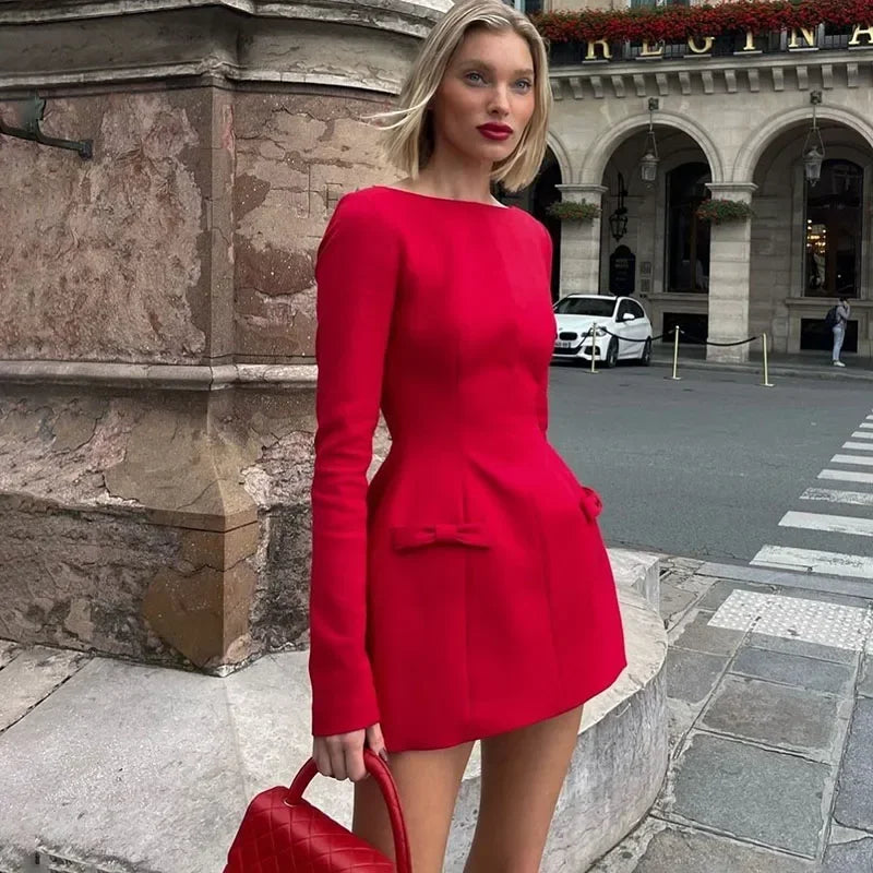 Women's Bows Splice Long Sleeve Mini Dress Elegant Office Woman Solid Bodycon Club Party Dresses 2024 Autumn High Waist Fashion