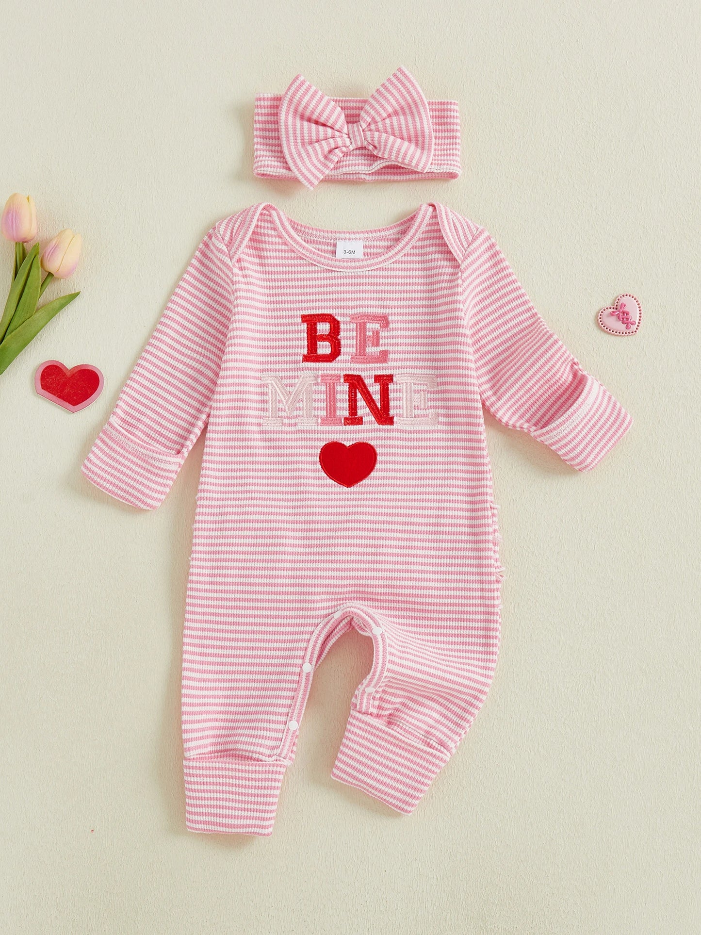 Newborn Baby Romper with Headband - Love Heart Embroidery Stripe Design
