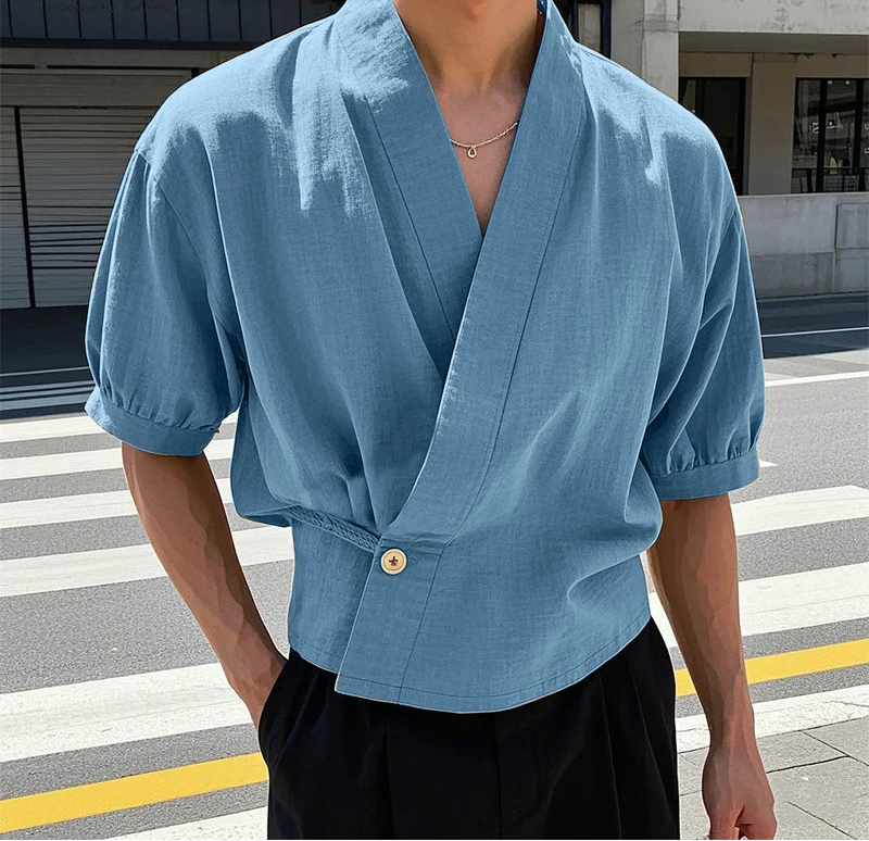 Korean Style Slanted Placket Collarless Long Sleeve Shirt