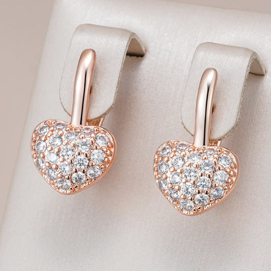 Women Shiny Natural Zircon 585 Rose Gold Colour Heart Earrings