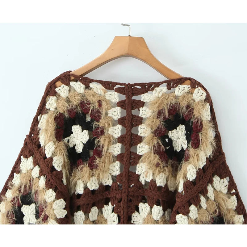 Boho Plaid Handmade Crochet Cardigan - Long Sleeve Lace Up Autumn Sweater