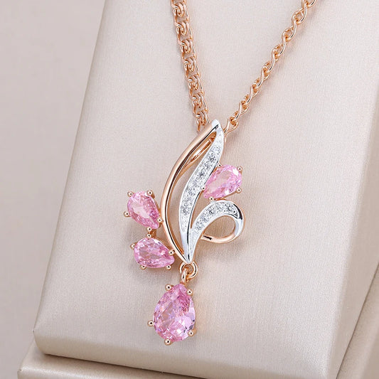 Women's 585 Rose Gold Silver Colour Shiny Pink Natural Zircon Flower Pendant Necklace