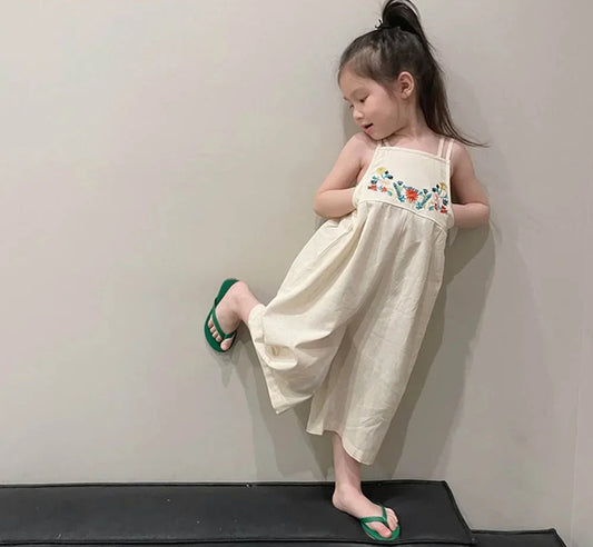 Girls Summer Overalls - Embroidered Flower Sling Cotton Pants
