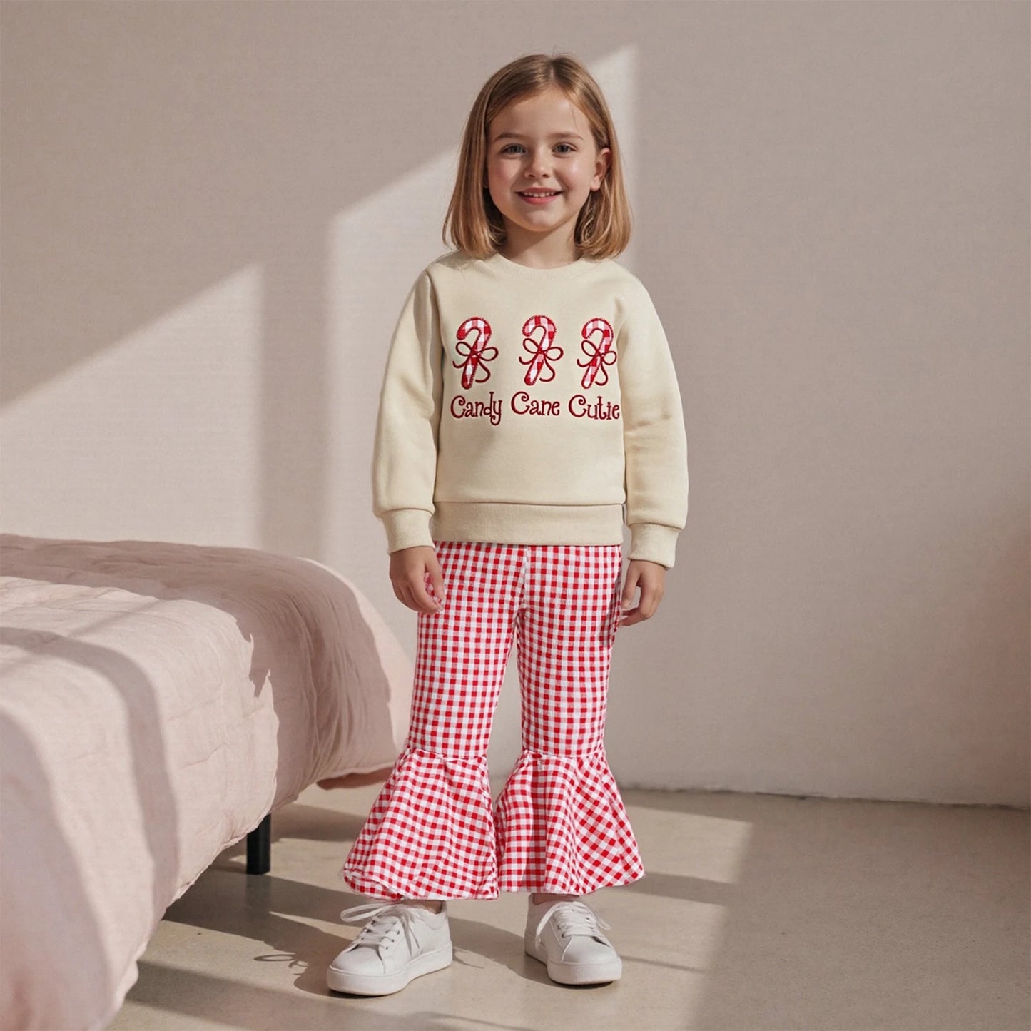 Baby Girls 2-Piece Christmas Clothes Set - Candy Cane Bow Embroidery Sweatshirt & Pants (0-3Y)