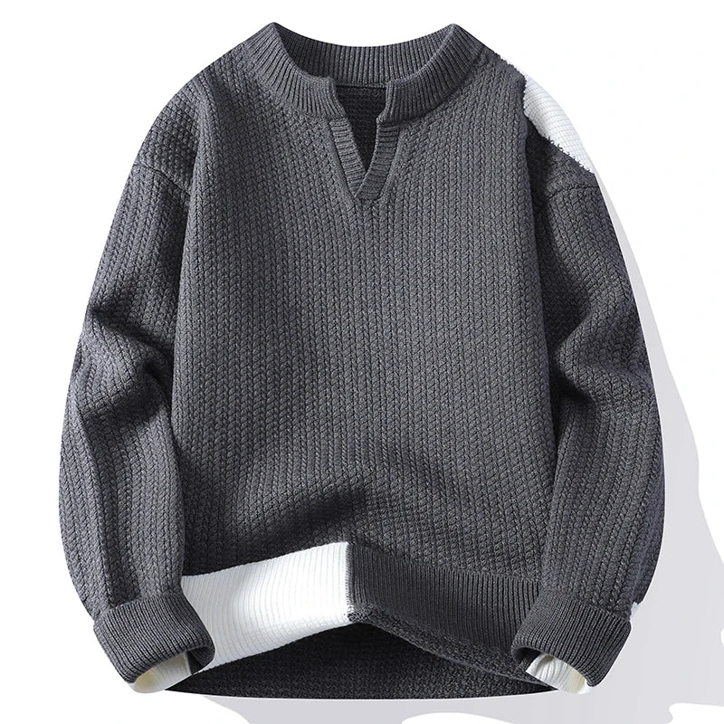 Men's Winter Knitted Sweater - V-Neck Patchwork Pullover