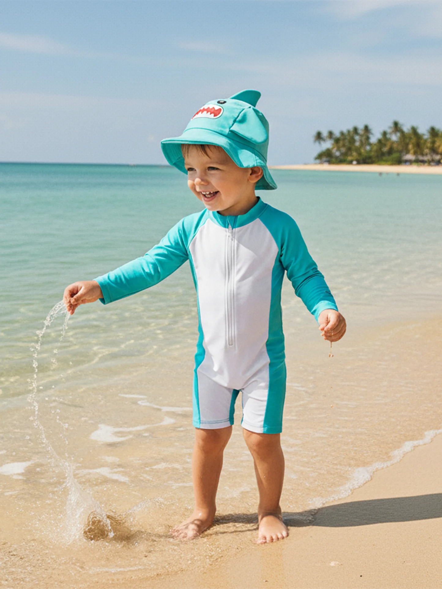 Baby Boys Rash Guard Swimsuit Set - Long Sleeve Zip-Up with Sun Cap