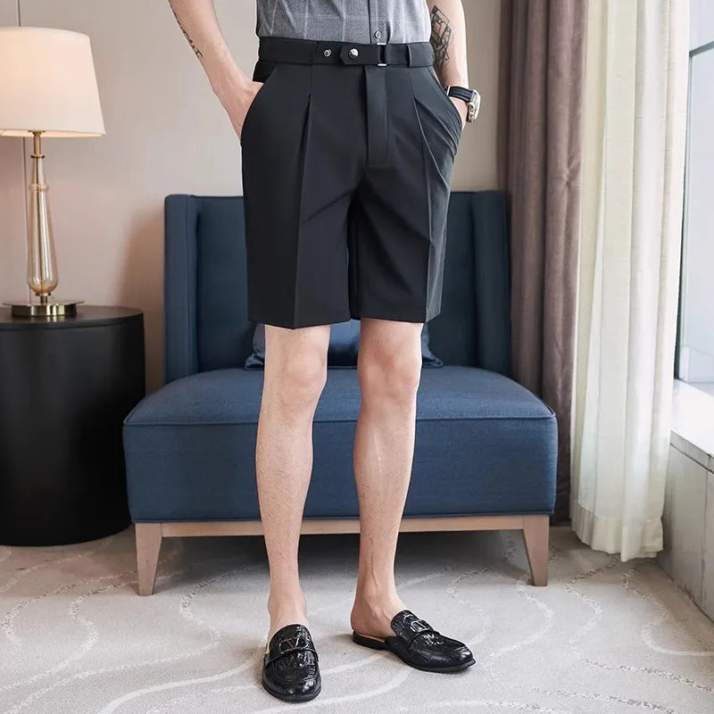 Men's Summer British Style Straight Slim Casual Comfortable Elastic Waist Knee Length Shorts