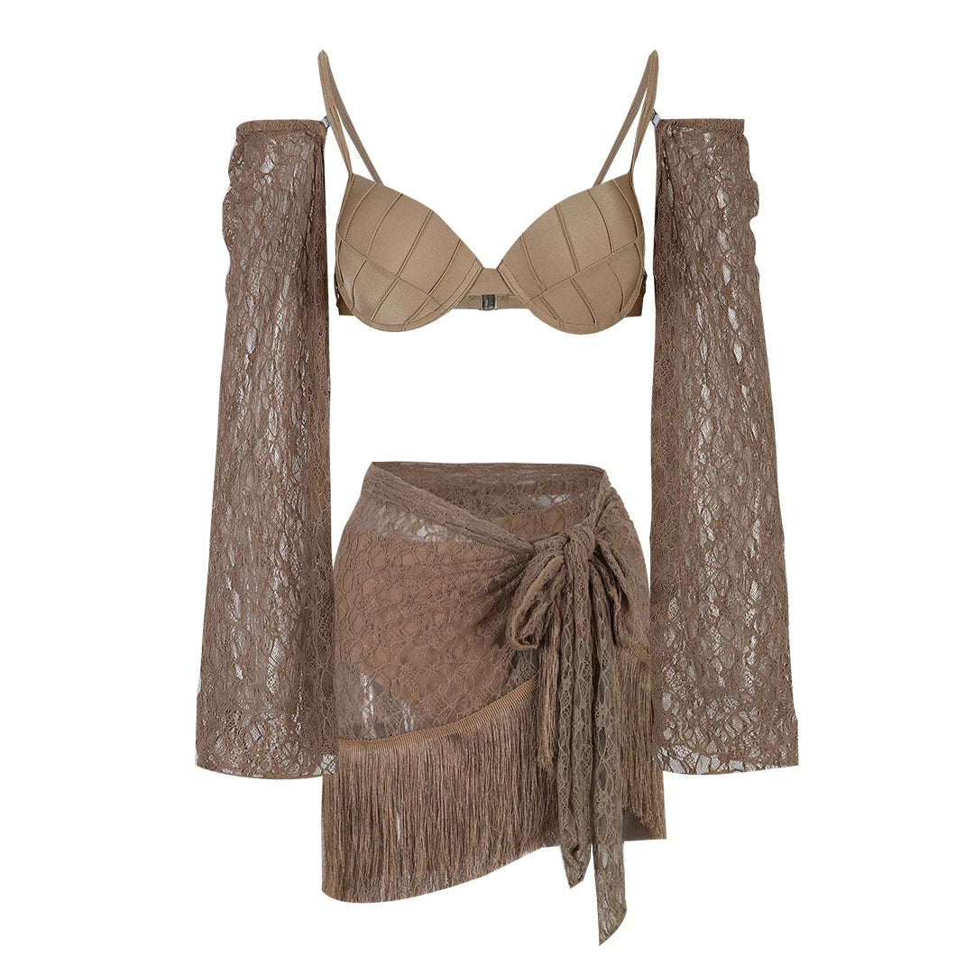 Women's 3-Piece Tassel Swimwear Set - Long Sleeve Top & Mini Skirt Cover Up