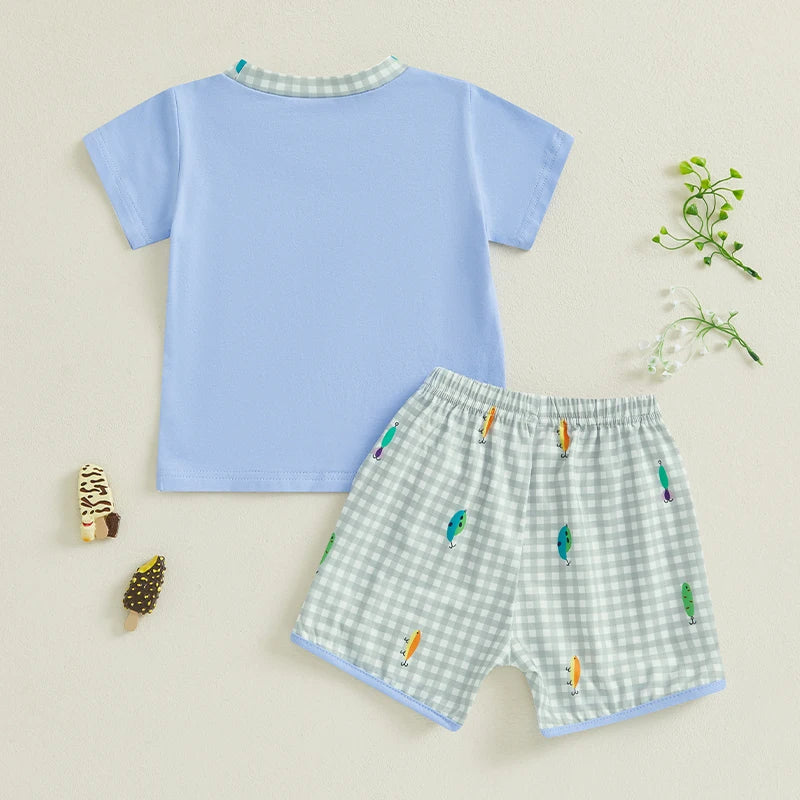 0-4Y Casual Kids Boys Summer Clothes Sets Short Sleeve Fish Embroidery T Shirt and Plaid Drawstring Shorts Set