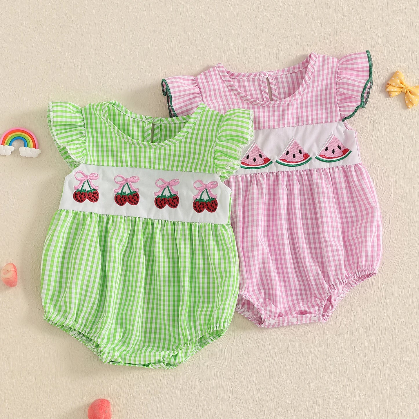 Baby Fruit Embroidery Romper - Ruffles Fly Sleeves Plaid Print Jumpsuit (0-18M)
