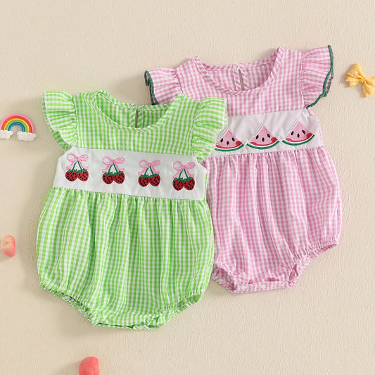 Baby Fruit Embroidery Romper - Ruffles Fly Sleeves Plaid Print Jumpsuit (0-18M)