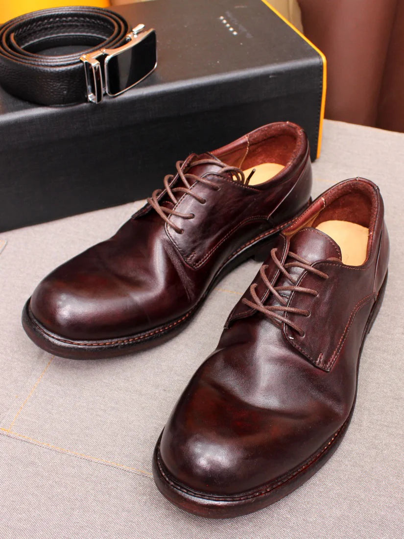 Men's Handmade Goodyear Sewn Comfortable Derby Formal Soft Leather Genuine Leather Round Toe Non-slip Casual Shoes