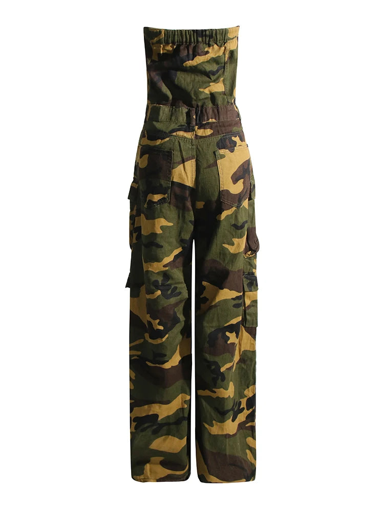 Women's Camouflage Cargo Jumpsuit  - Strapless Sleeveless High Waist Spliced Pockets Jumpsuit