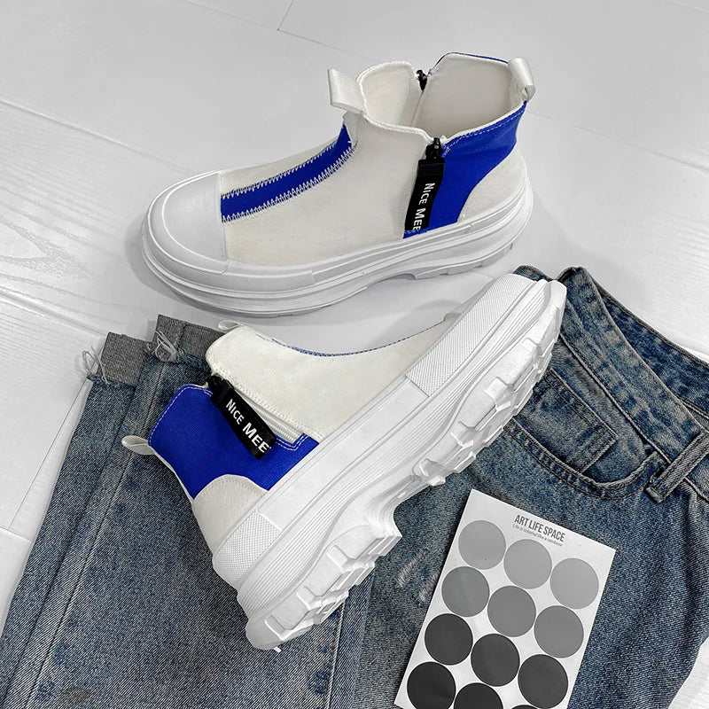 Men's Casual Sneakers Canvas Chunky Platform Ankle Boots High-cut Zip Patchwork Sneakers Breathable Sport Shoes