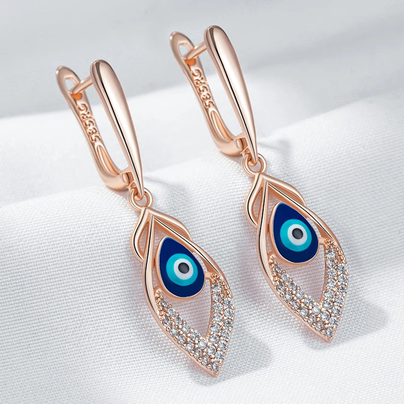Rose Gold Blue Enamel Drop Earrings - Natural Zircon Wedding Party Jewelry