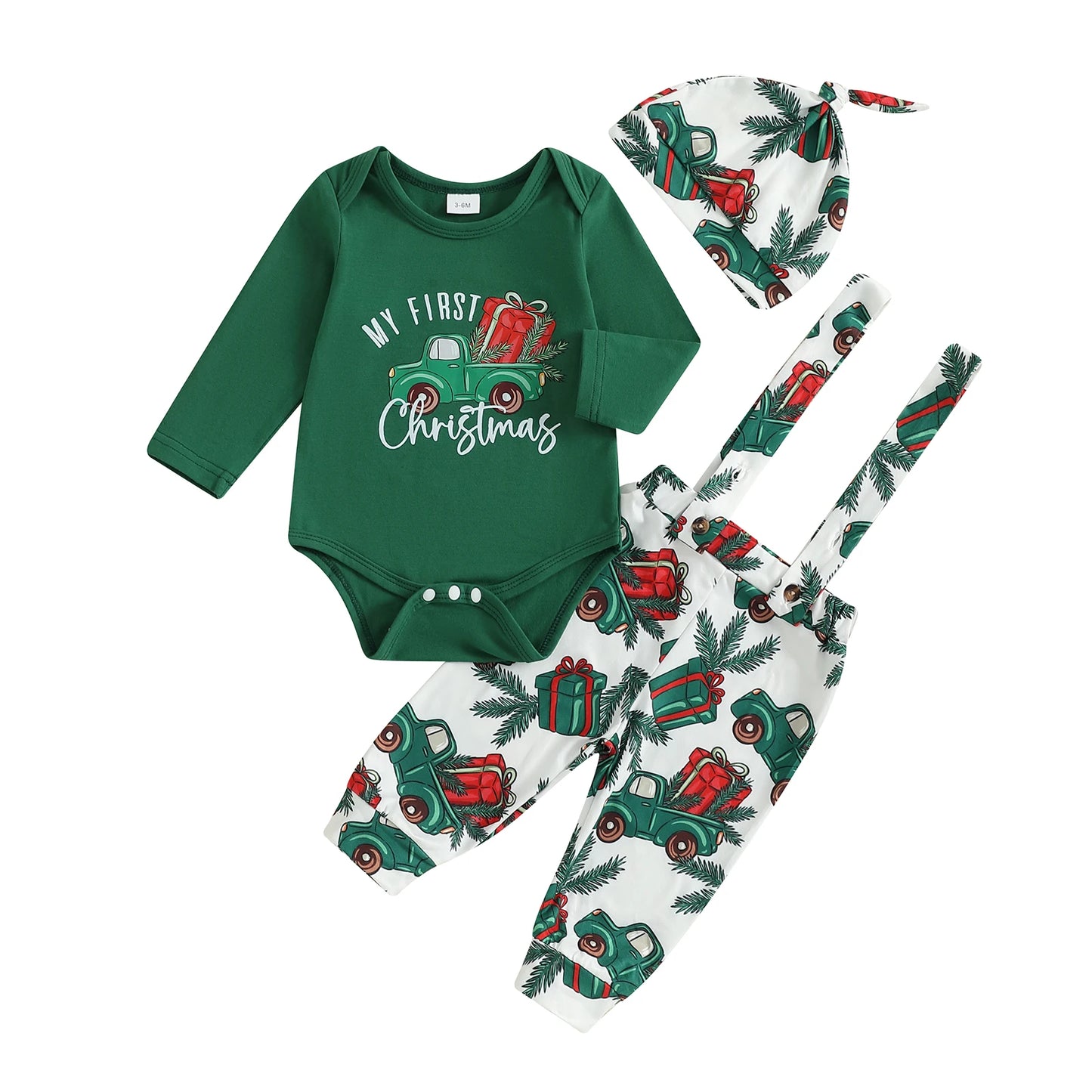 Christmas Baby Boys 3-Piece Outfit Set - Printed Romper, Overalls & Hat (0-18M)