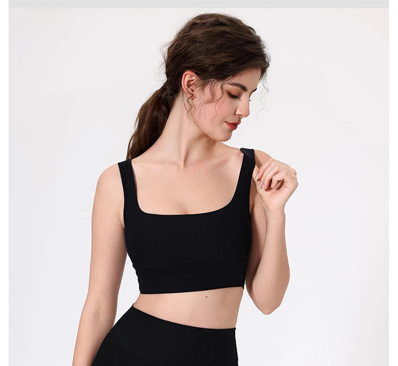 Women's High Impact Fitness Yoga Bra Soft Sports Underwear Square Neckline Gym Crop Top Breathable Workout Top
